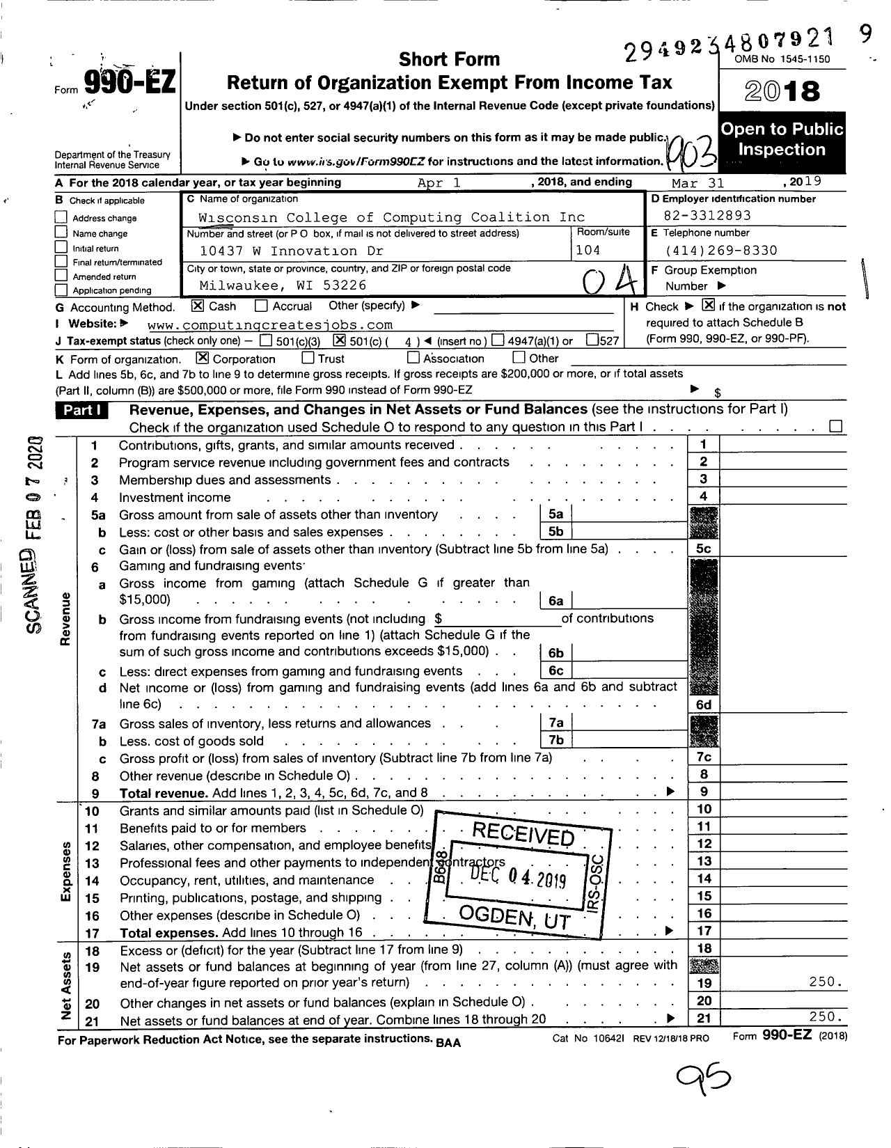 Image of first page of 2018 Form 990EO for Wisconsin College of Computing Coal