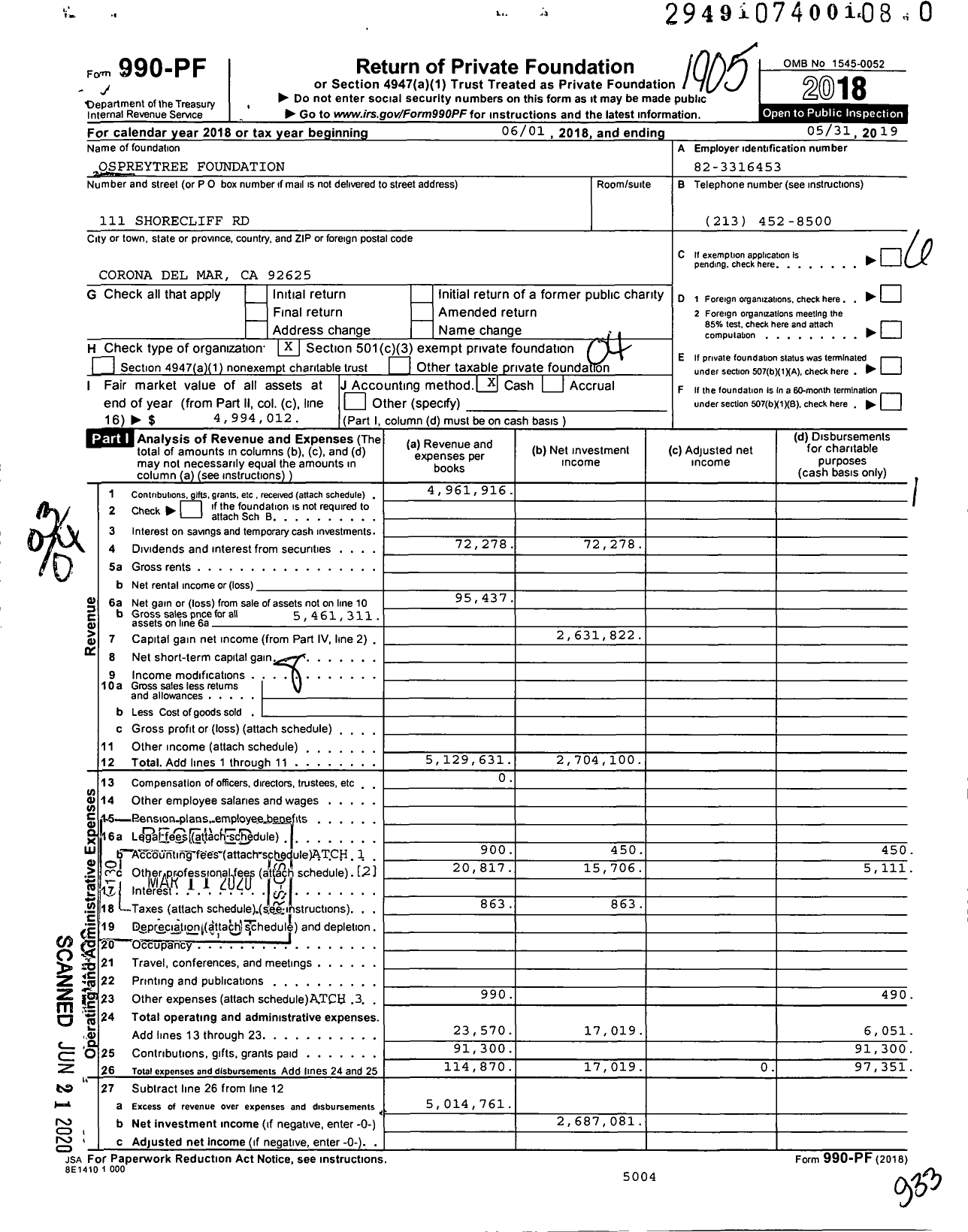 Image of first page of 2018 Form 990PR for Ospreytree Foundation