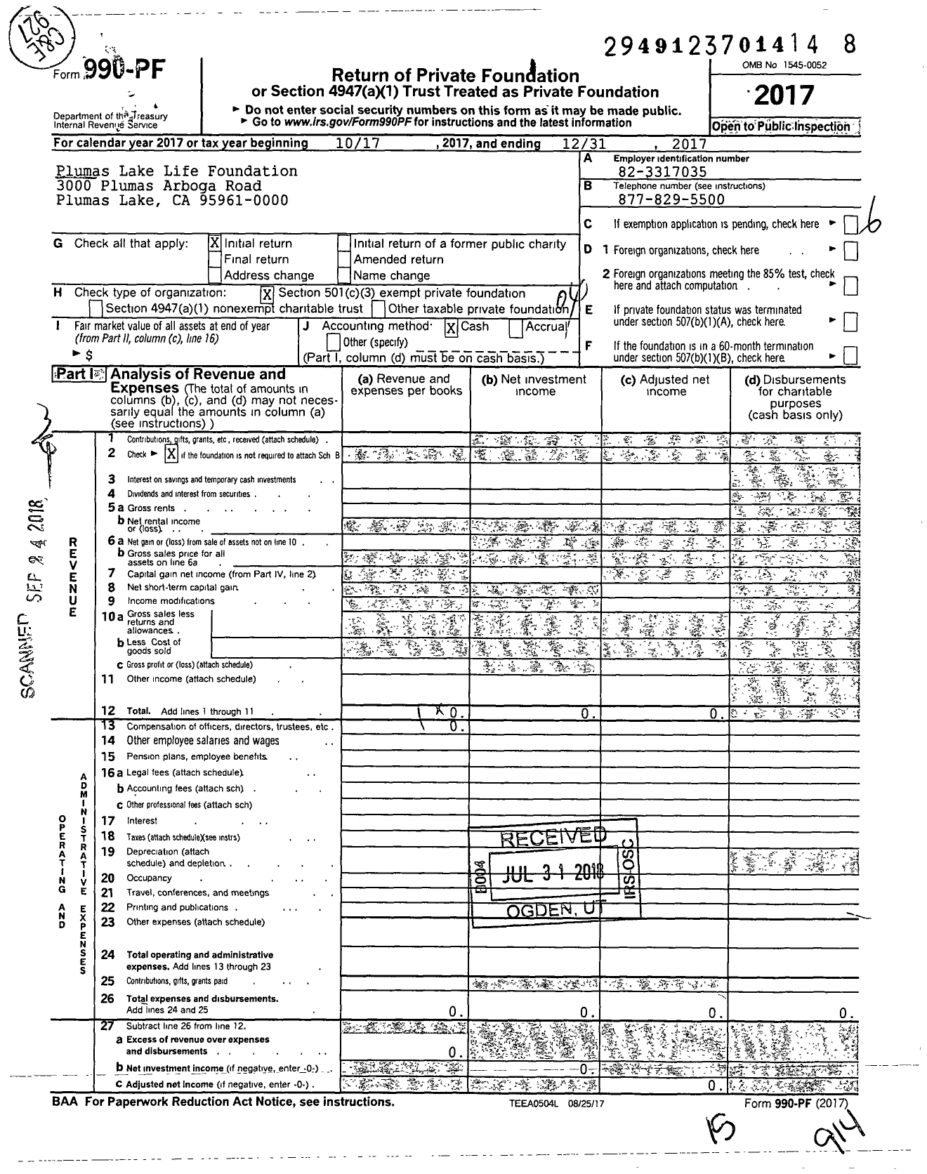 Image of first page of 2017 Form 990PF for Plumas Lake Life Foundation