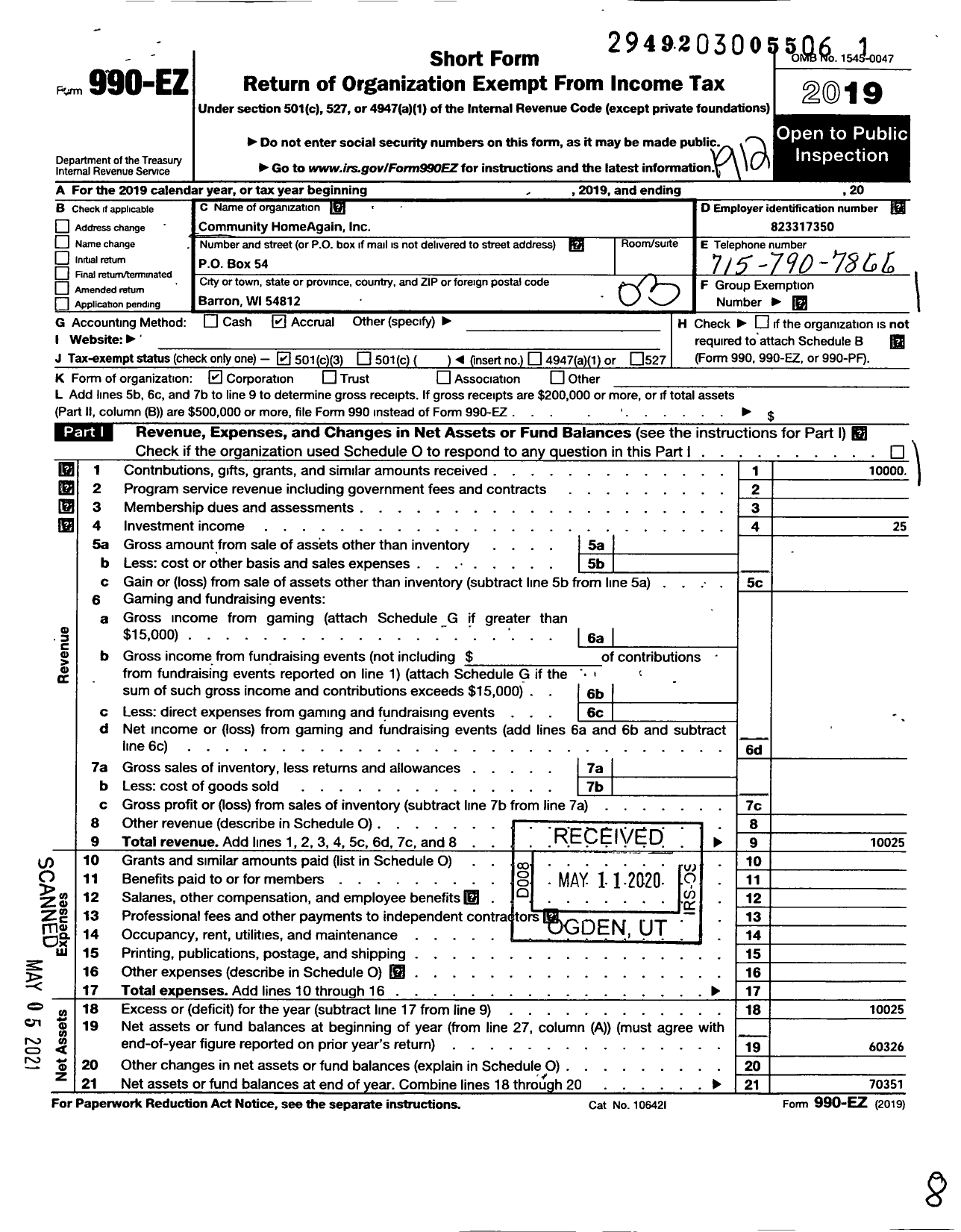 Image of first page of 2019 Form 990EZ for Community Homeagain