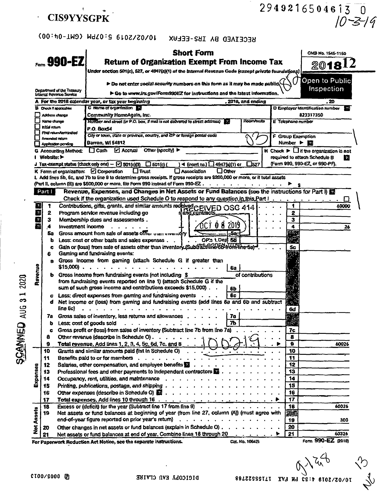 Image of first page of 2018 Form 990EZ for Community Homeagain