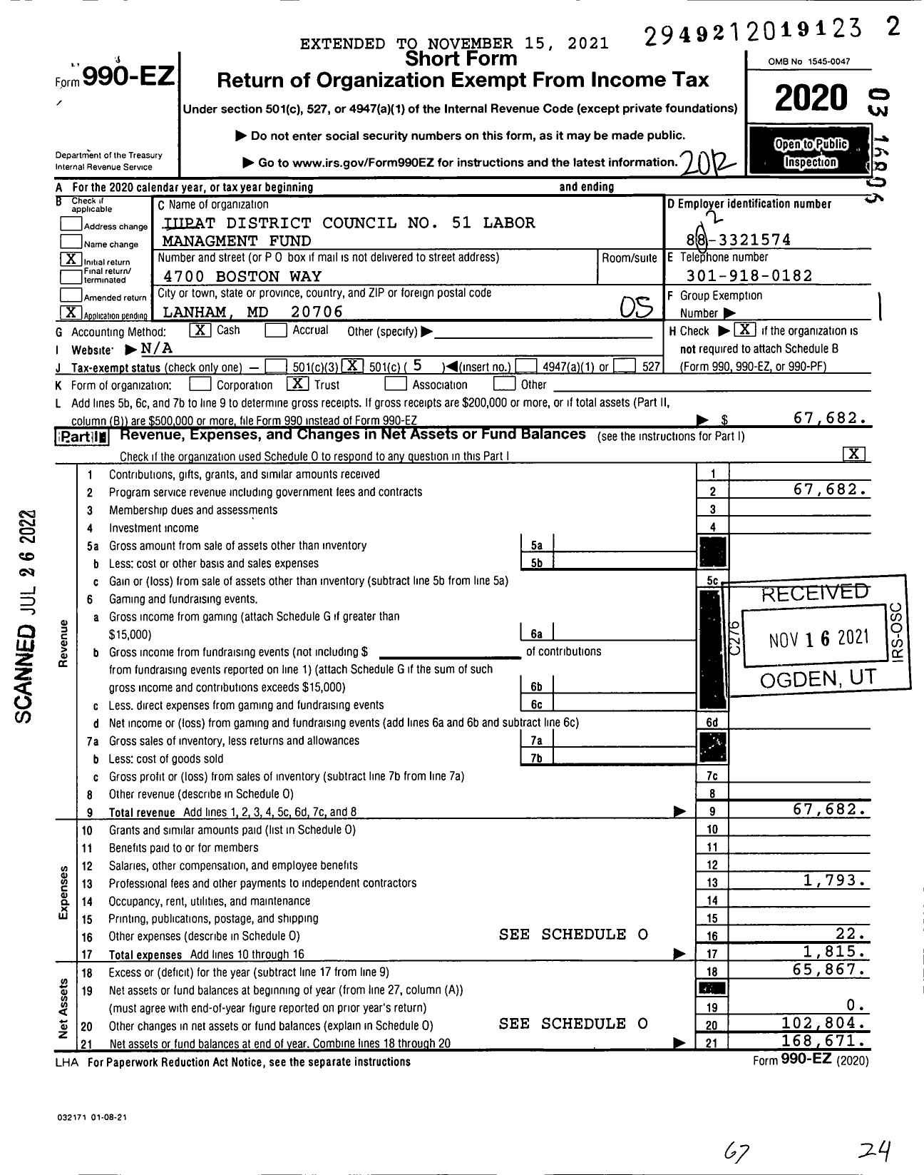 Image of first page of 2020 Form 990EO for Iupat District Council No 51 Labor Managment Fund