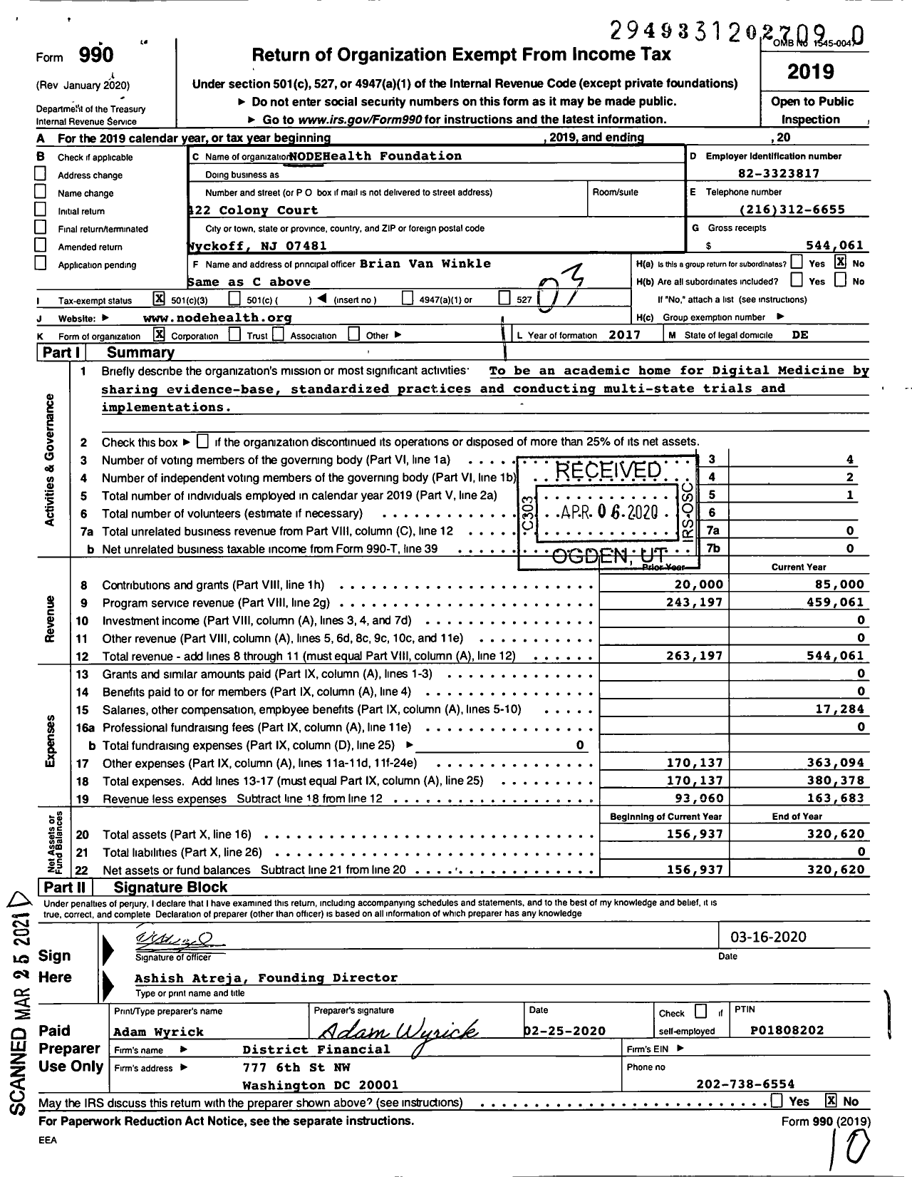 Image of first page of 2019 Form 990 for Nodehealth Foundation