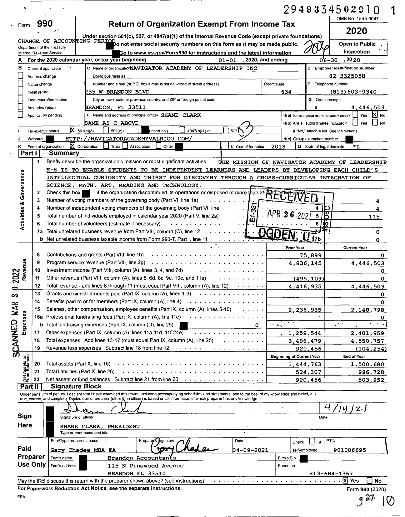 Image of first page of 2019 Form 990 for Navigator Academy of Leadership