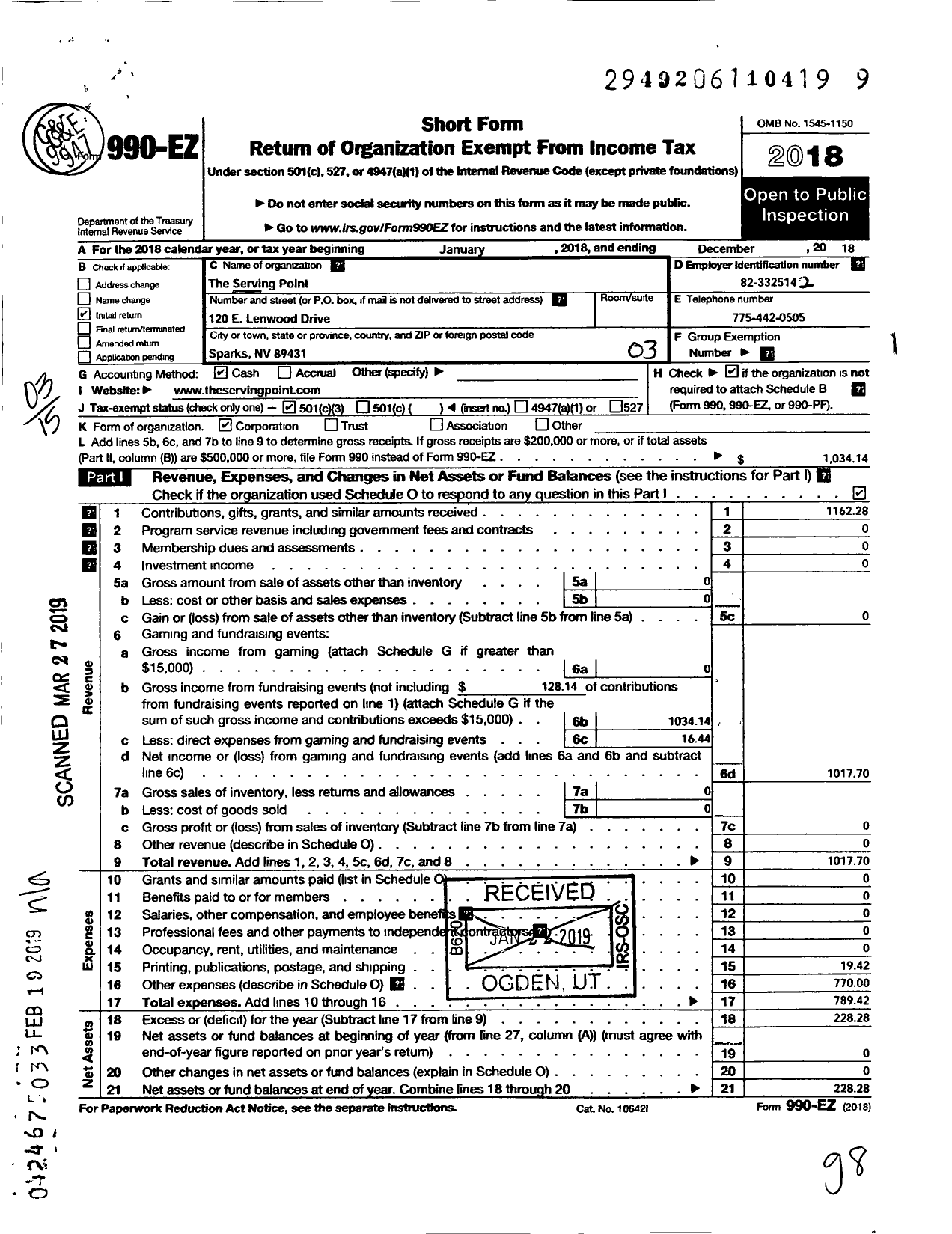 Image of first page of 2018 Form 990EZ for Serving Point