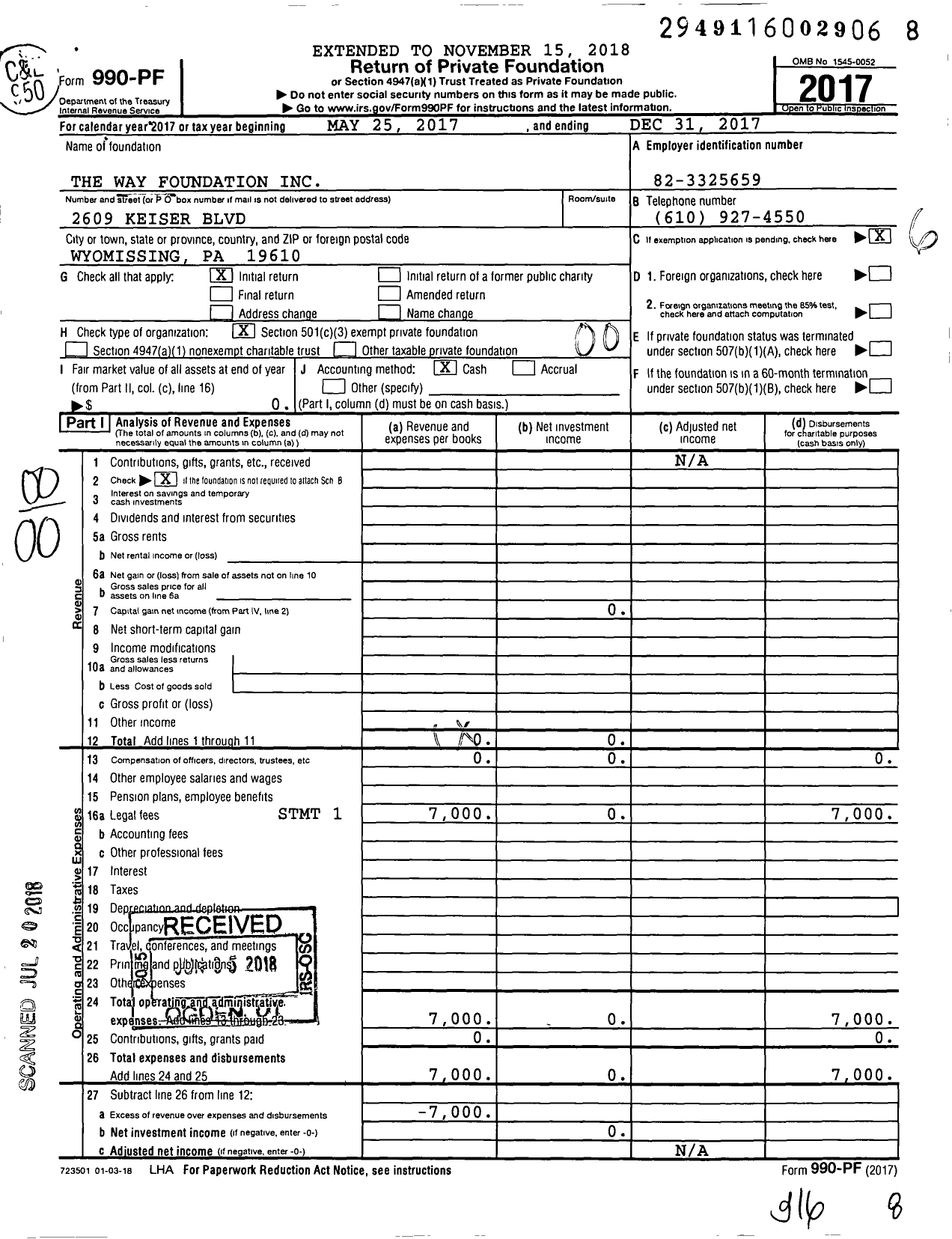 Image of first page of 2017 Form 990PF for Way Foundation