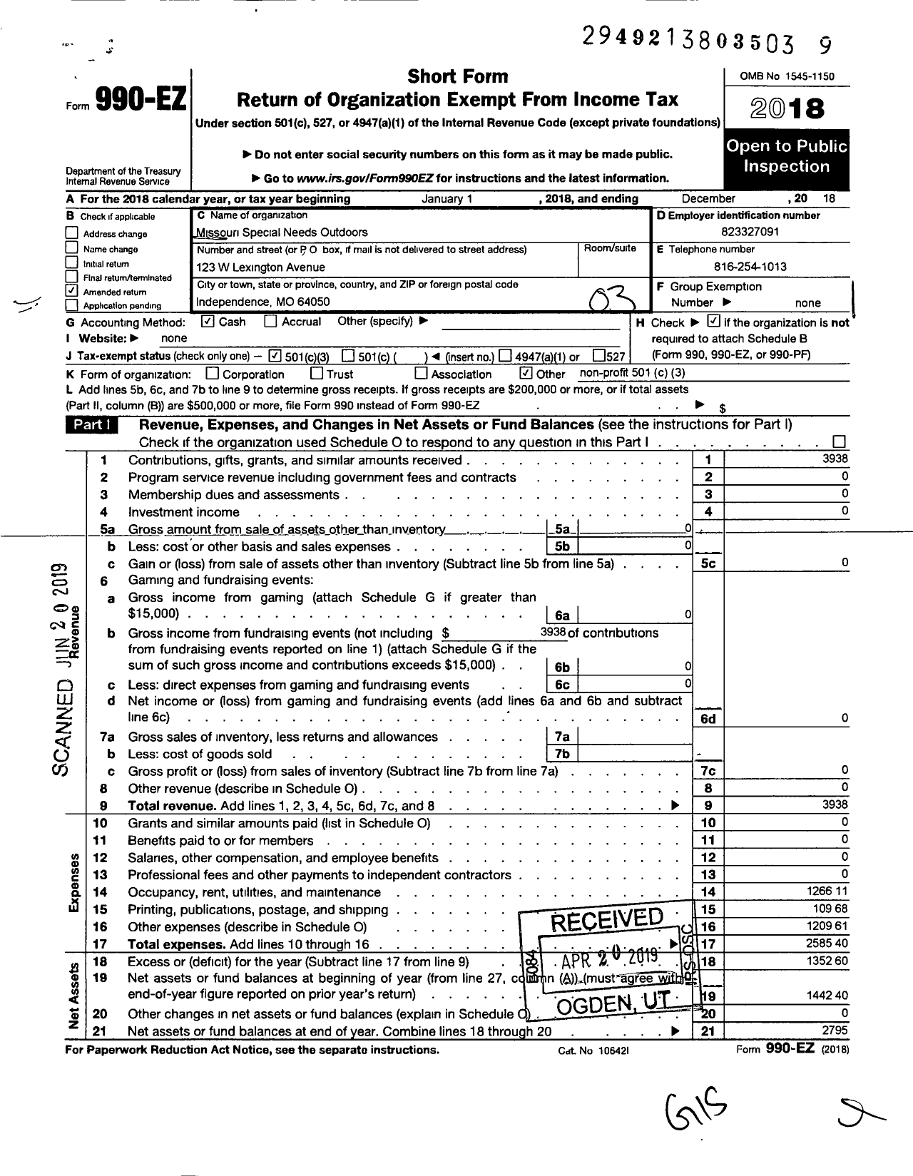 Image of first page of 2018 Form 990EZ for Missouri Special Needs Outdoors