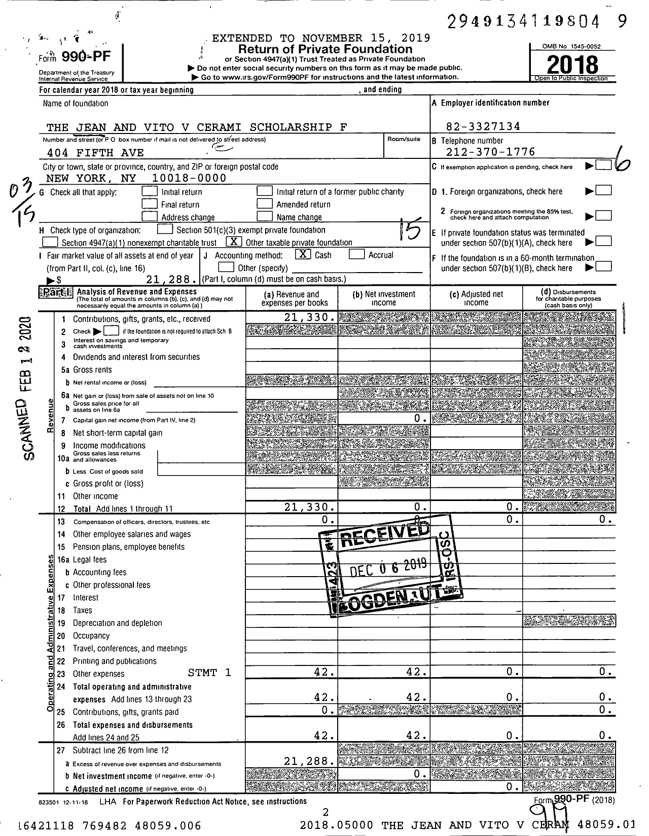 Image of first page of 2018 Form 990PF for The Jean and Vito V Cerami Scholarship F