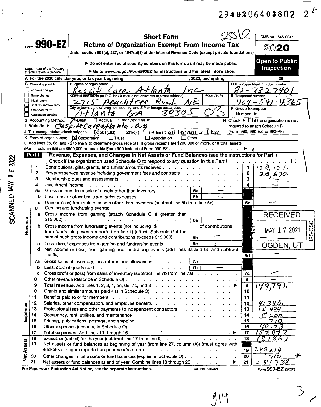 Image of first page of 2020 Form 990EZ for Respite Care Atlanta