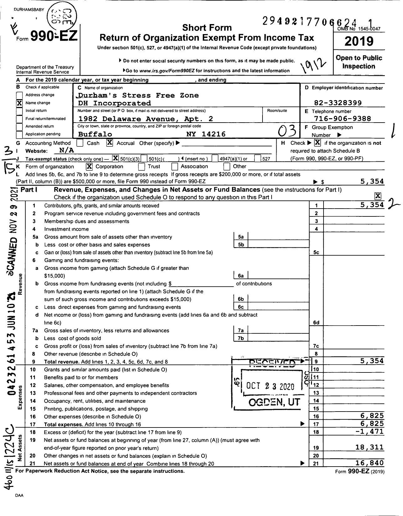 Image of first page of 2019 Form 990EZ for Durham's Maternal Stress-Free Zone