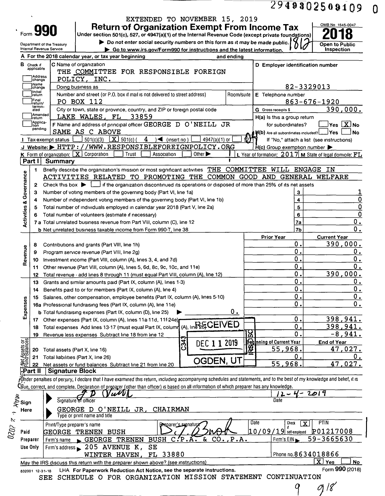 Image of first page of 2018 Form 990O for The Committee for Responsible Foreign Policy