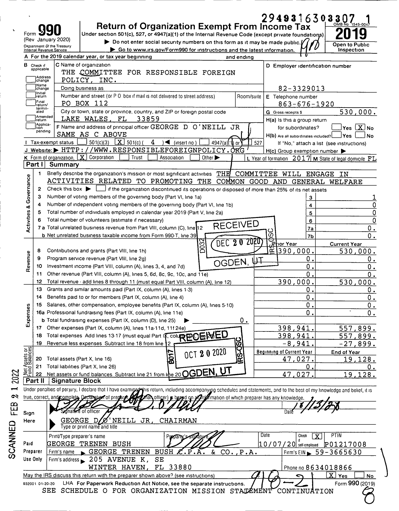 Image of first page of 2019 Form 990O for The Committee for Responsible Foreign Policy