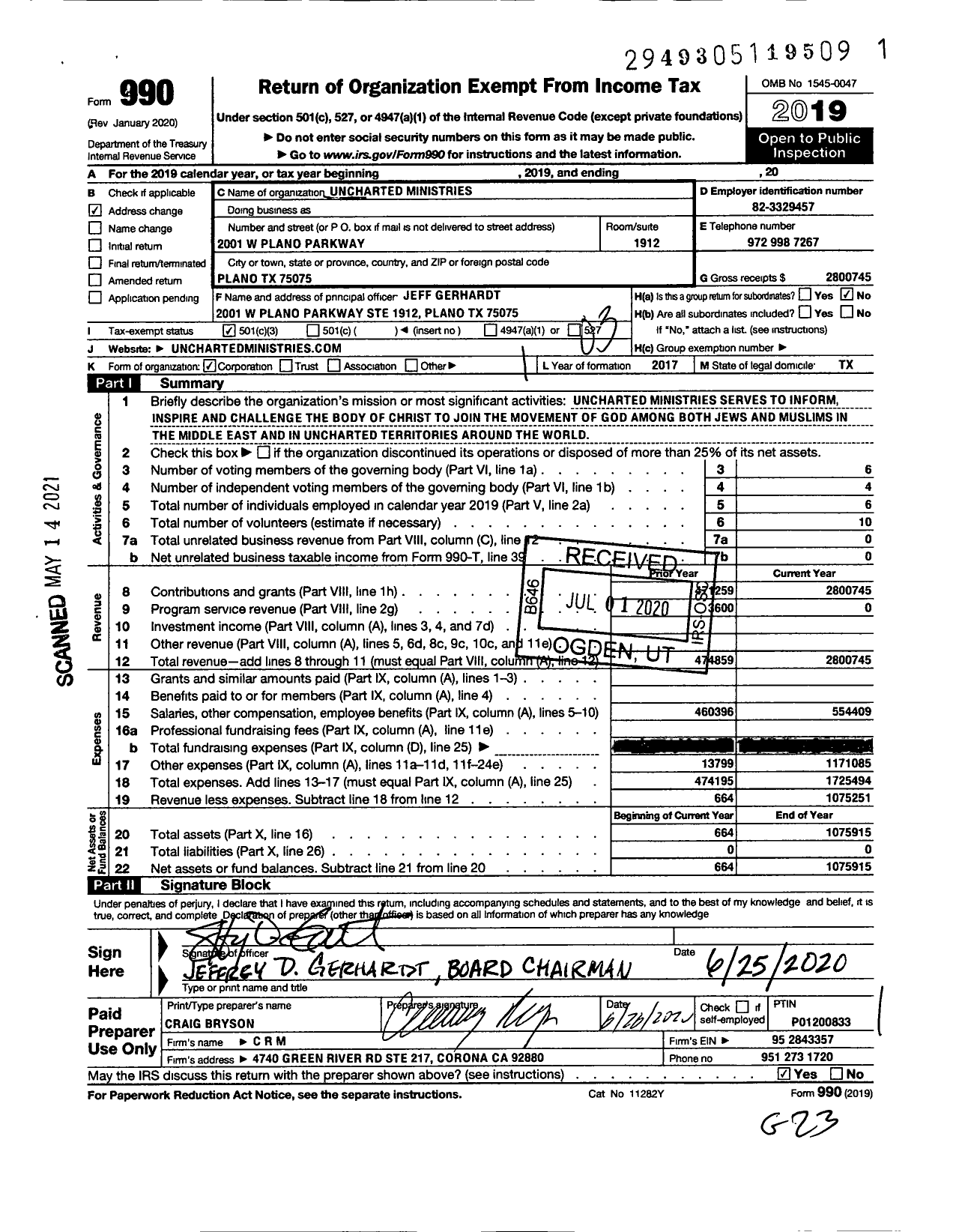 Image of first page of 2019 Form 990 for Uncharted Ministries