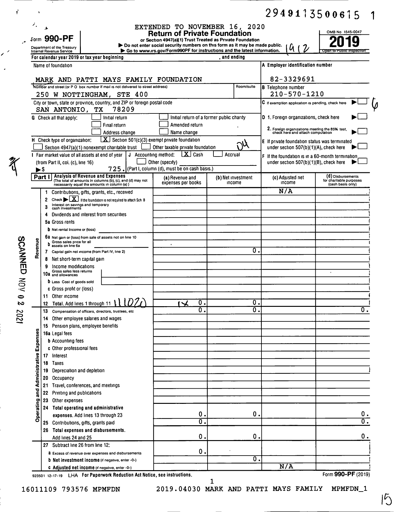 Image of first page of 2019 Form 990PF for Mark and Patti Mays Family Foundation