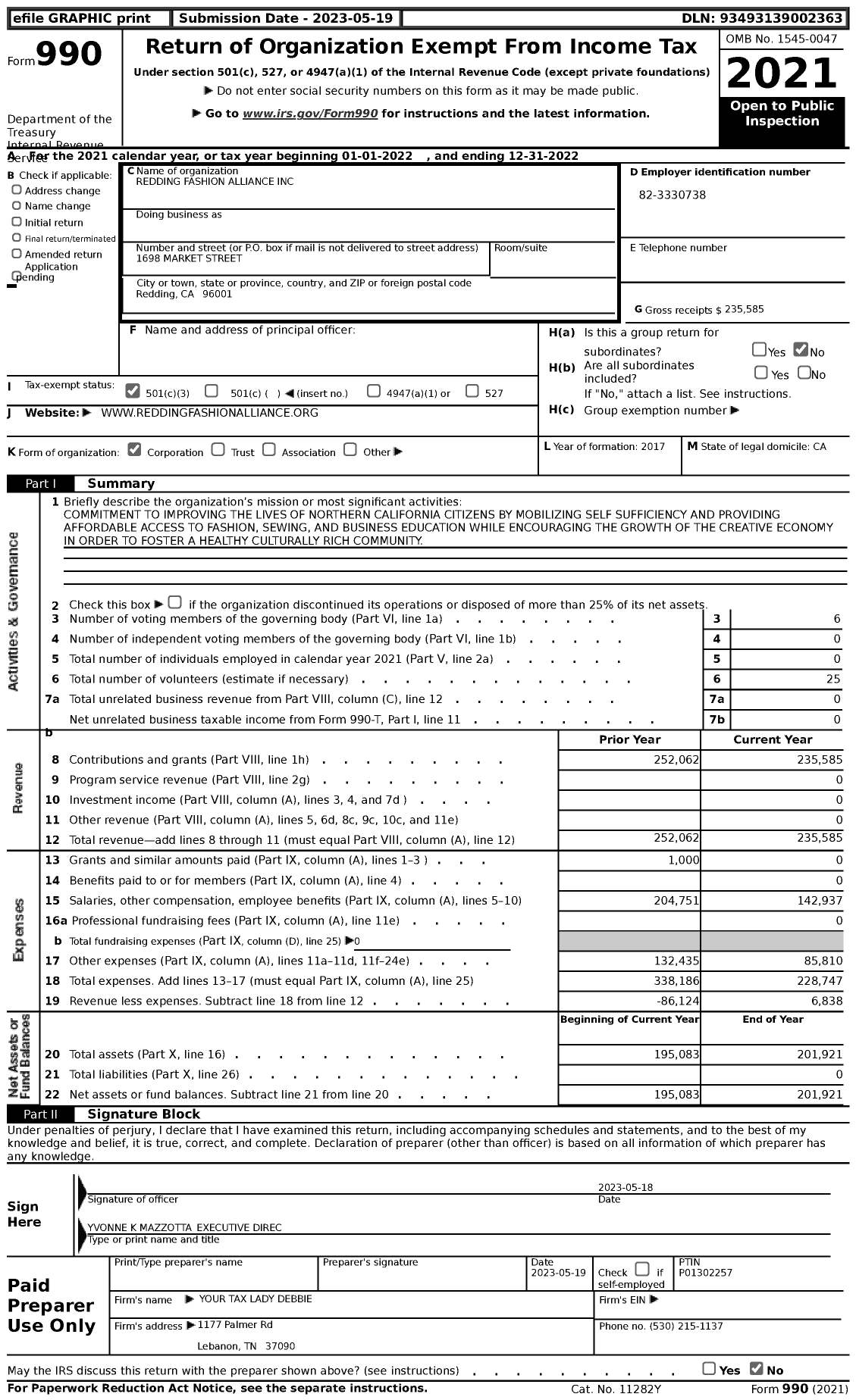 Image of first page of 2022 Form 990 for Redding Fashion Alliance