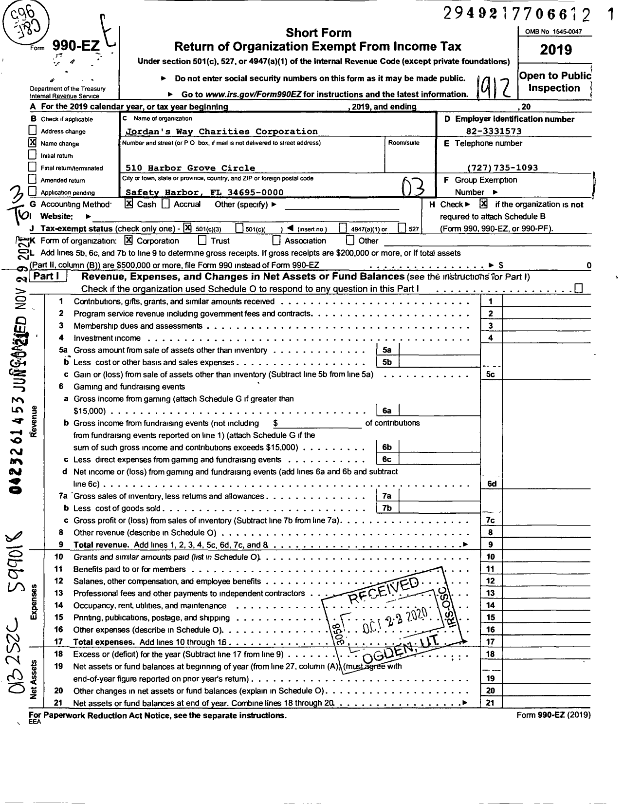 Image of first page of 2019 Form 990EZ for Jordan's Way Charities Corportion