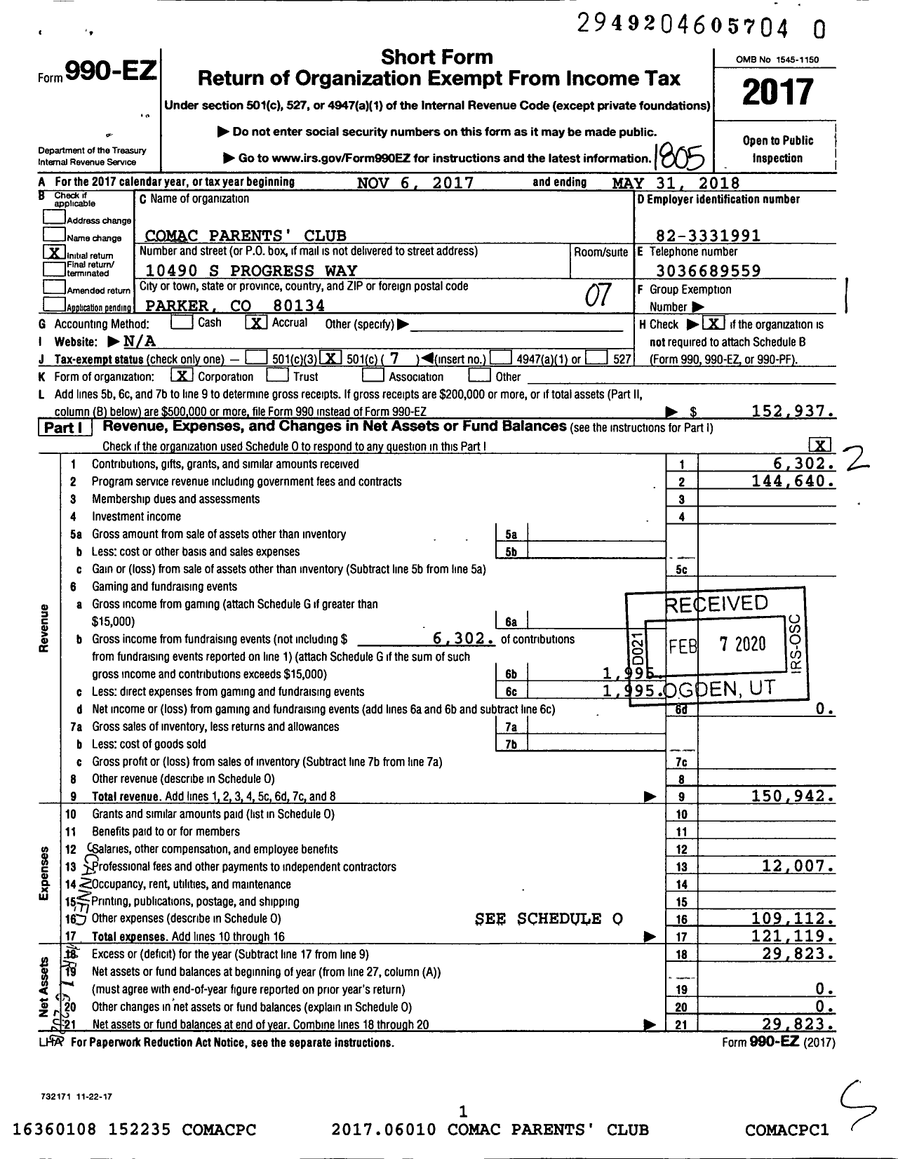 Image of first page of 2017 Form 990EO for Comac Parents Club