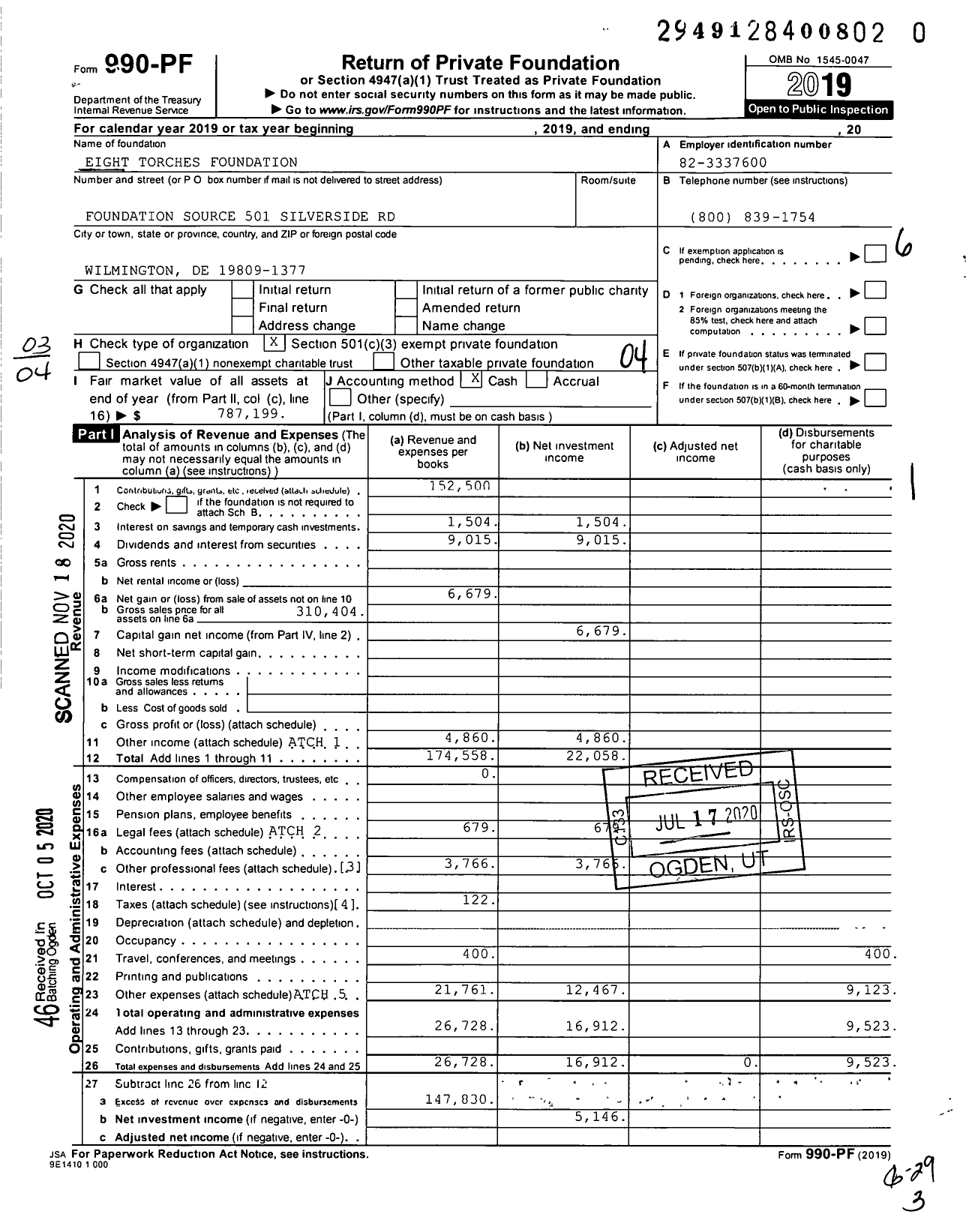 Image of first page of 2019 Form 990PF for Eight Torches Foundation