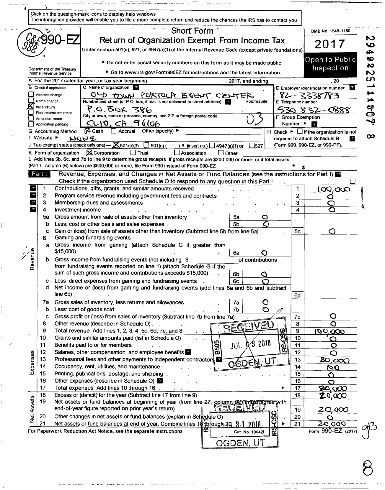 Image of first page of 2017 Form 990EZ for Old Town Portola Event Center