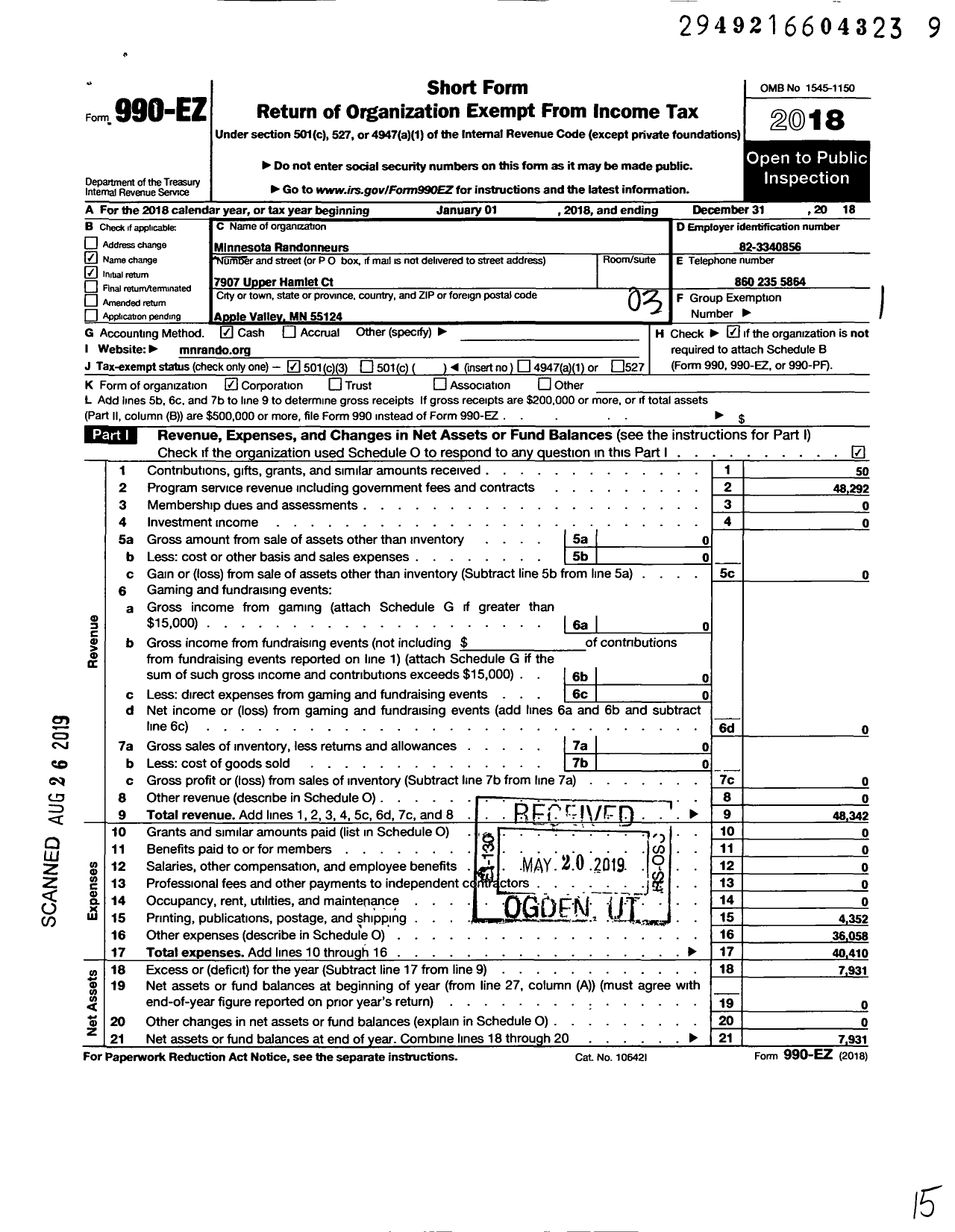 Image of first page of 2018 Form 990EZ for Minnesota Randonneurs LLC