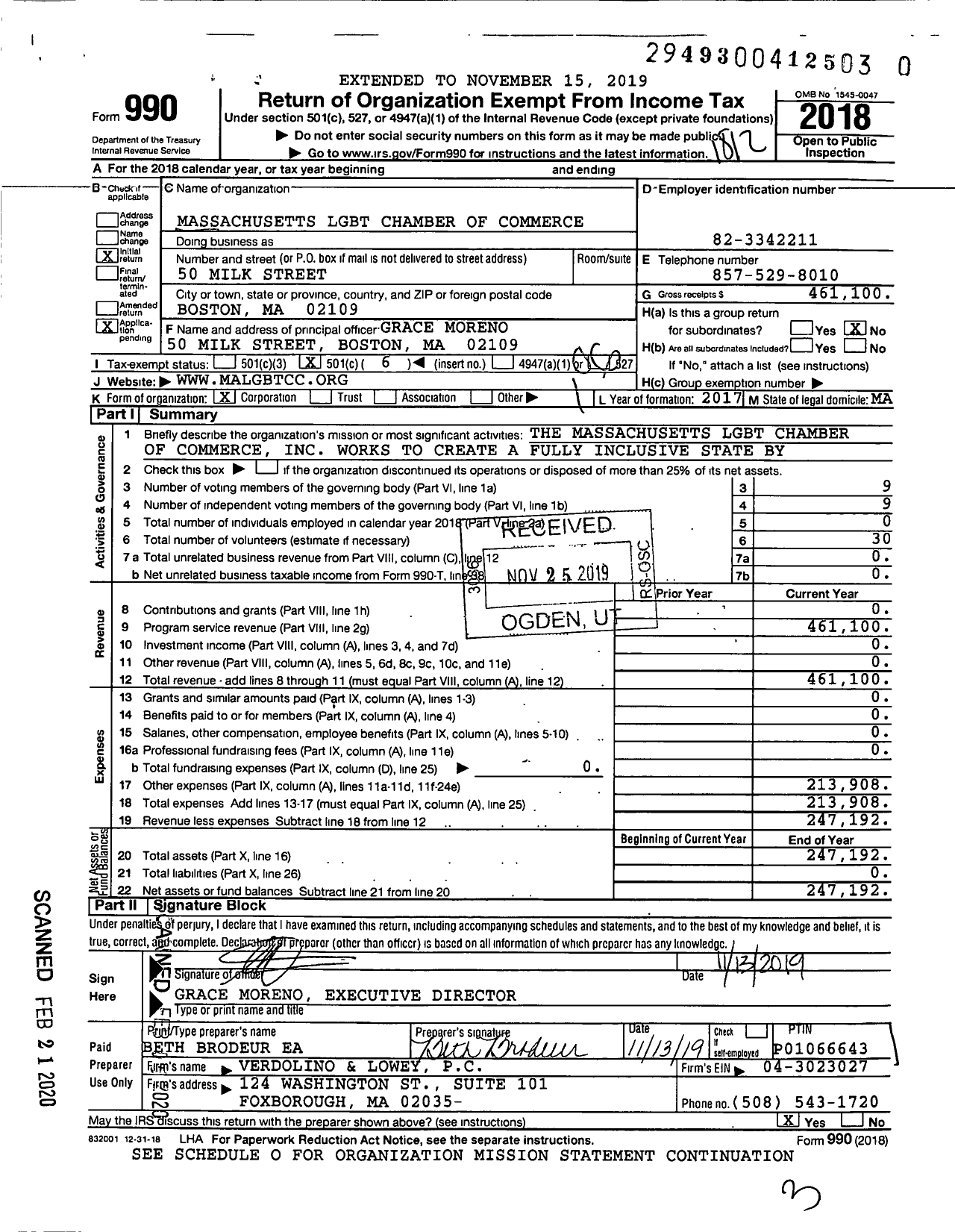 Image of first page of 2018 Form 990O for Massachusetts LGBT Chamber of Commerce