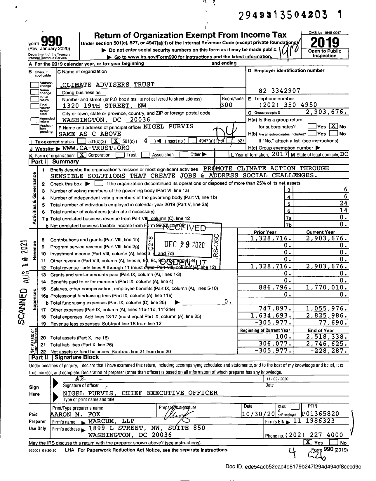 Image of first page of 2019 Form 990O for Climate Advisers Trust