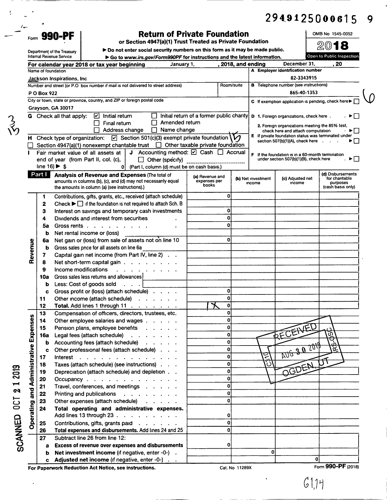 Image of first page of 2018 Form 990PF for Jackson Inspirations