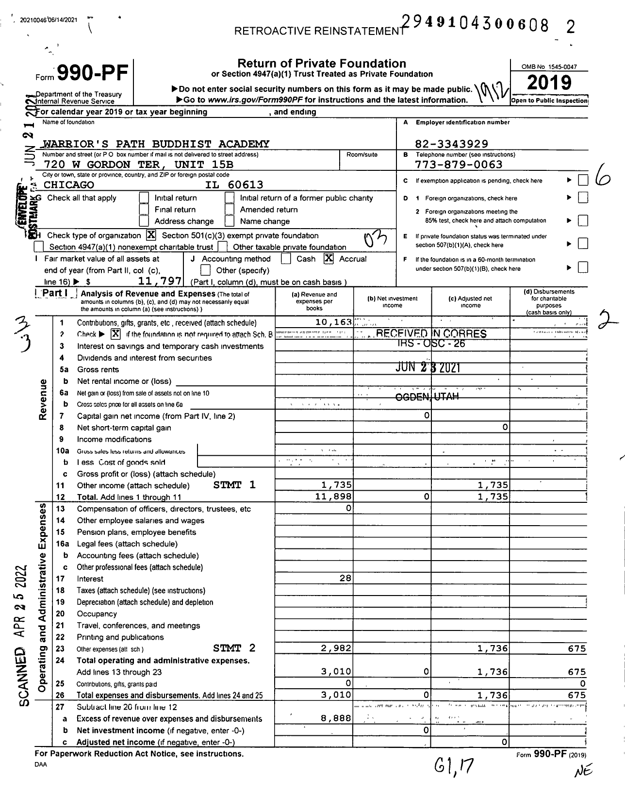 Image of first page of 2019 Form 990PF for Warrior's Path Buddhist Academy