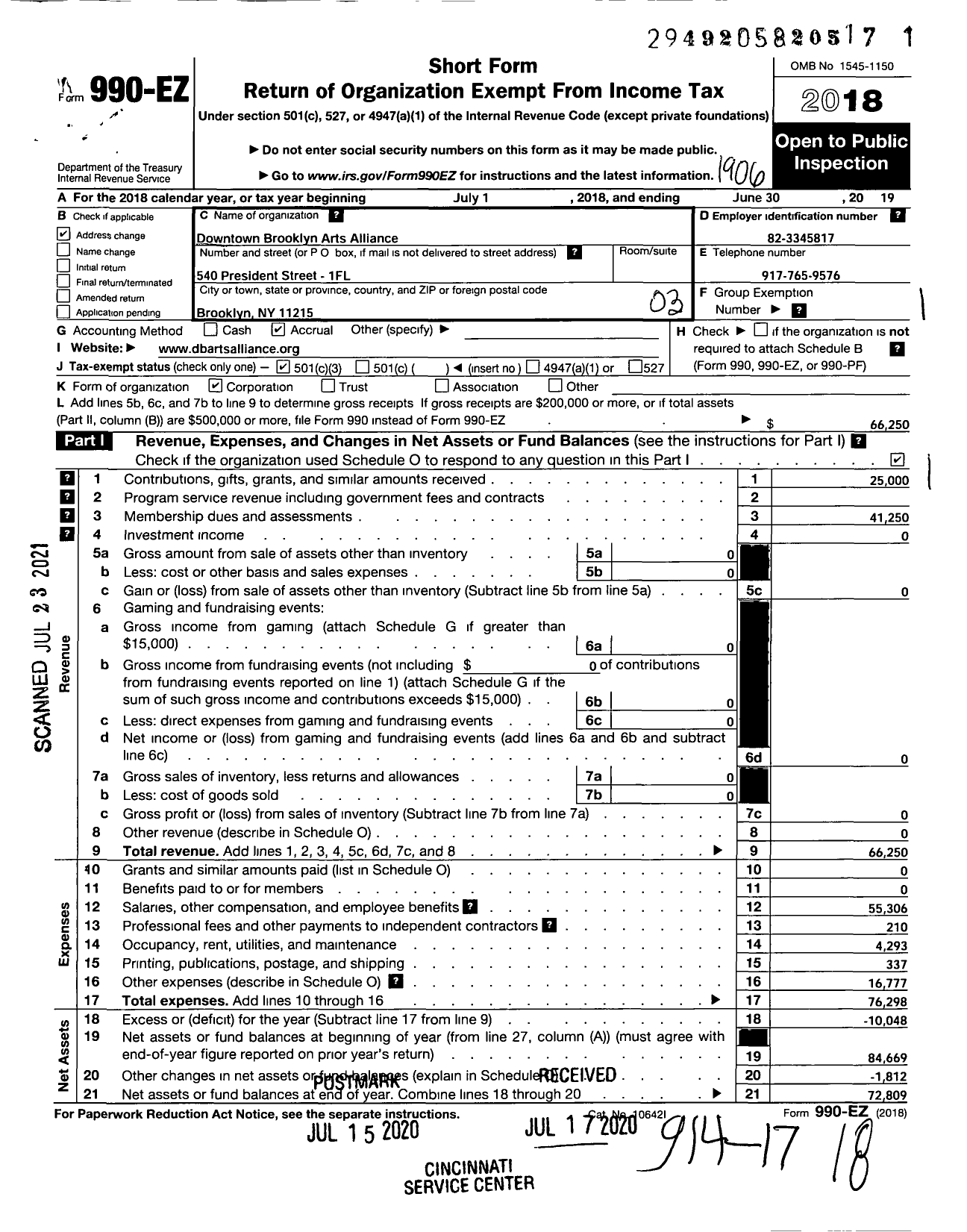 Image of first page of 2018 Form 990EZ for Downtown Brooklyn Arts Alliance