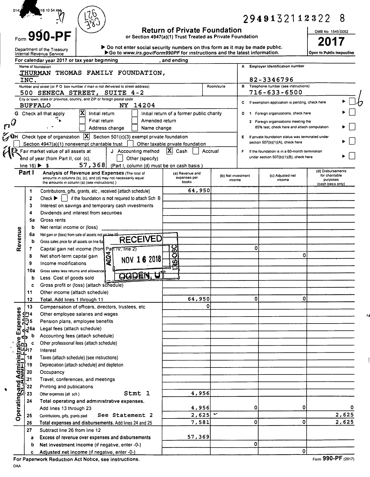 Image of first page of 2017 Form 990PF for Thurman Thomas Family Foundation