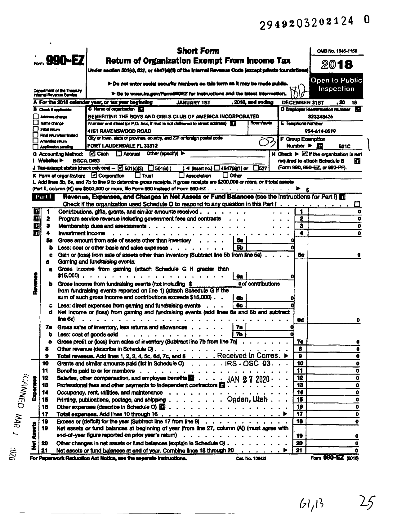 Image of first page of 2018 Form 990EZ for Benefiting the Boys and Girls Club of America