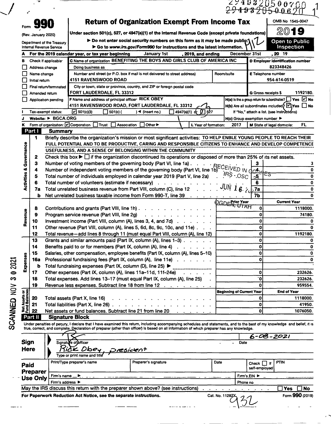 Image of first page of 2019 Form 990 for Benefiting the Boys and Girls Club of America