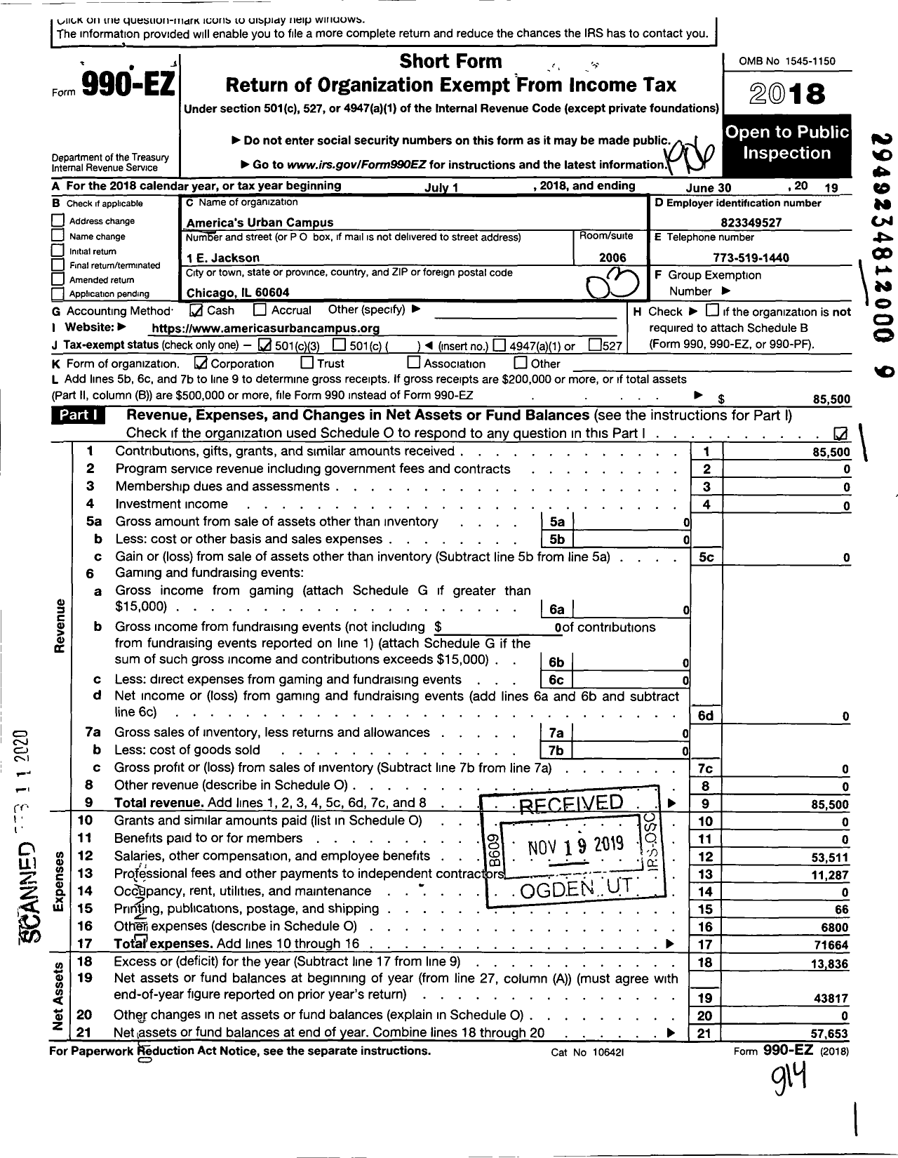 Image of first page of 2018 Form 990EZ for Americas Urban Campus