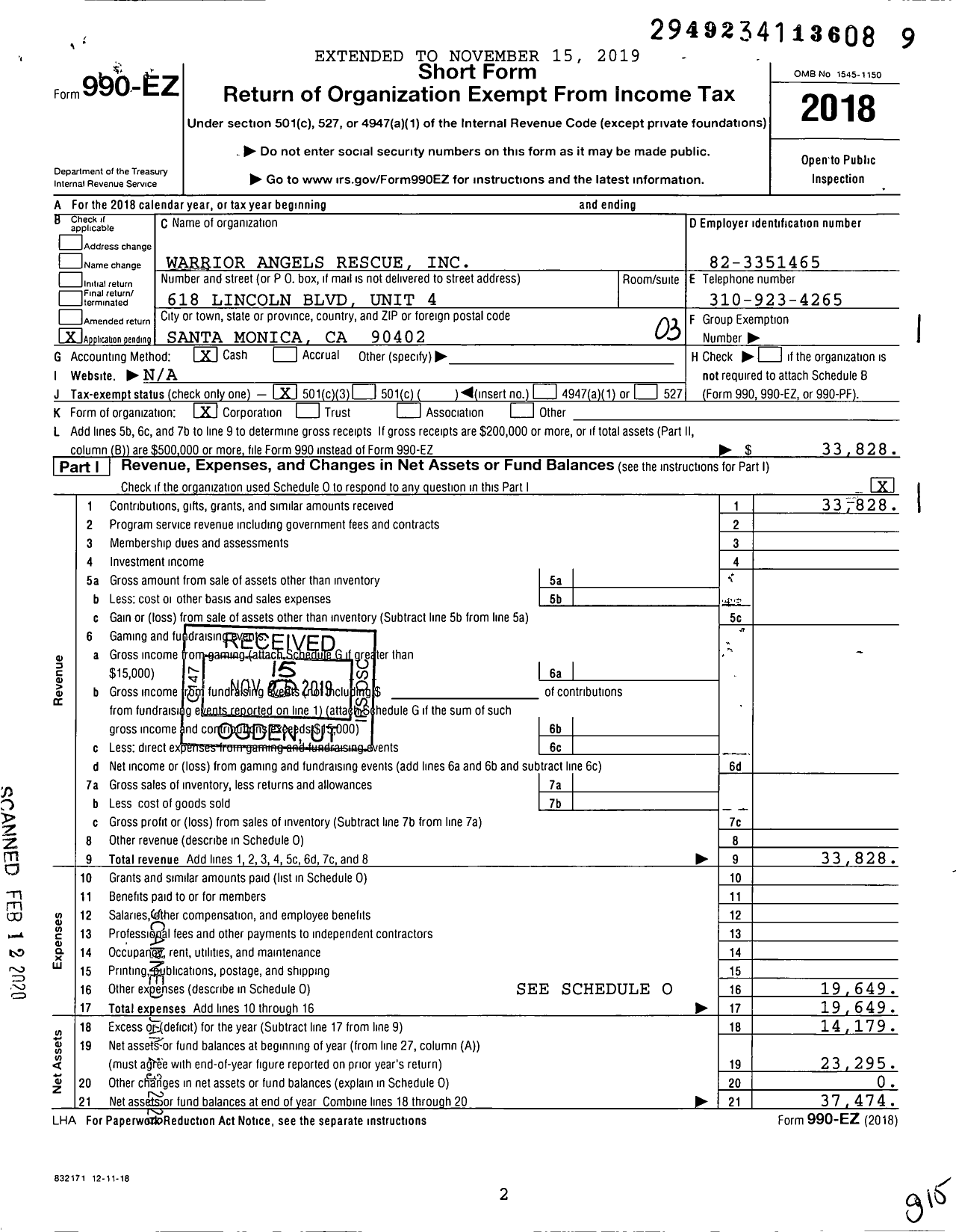 Image of first page of 2018 Form 990EZ for Warrior Angels Rescue