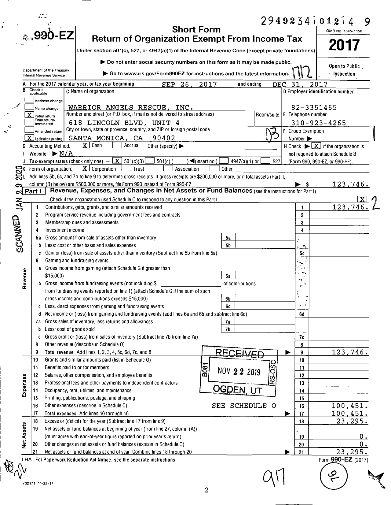 Image of first page of 2017 Form 990EZ for Warrior Angels Rescue