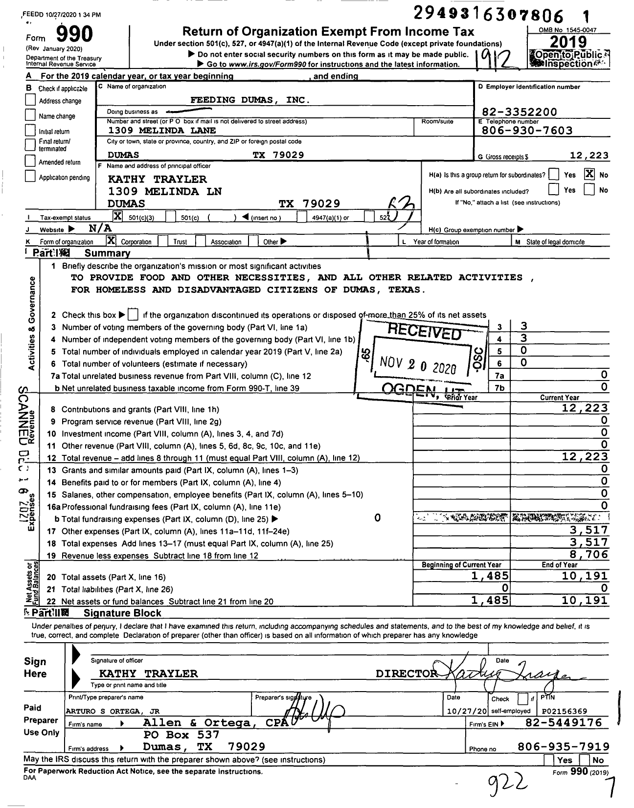 Image of first page of 2019 Form 990 for Feeding Dumas