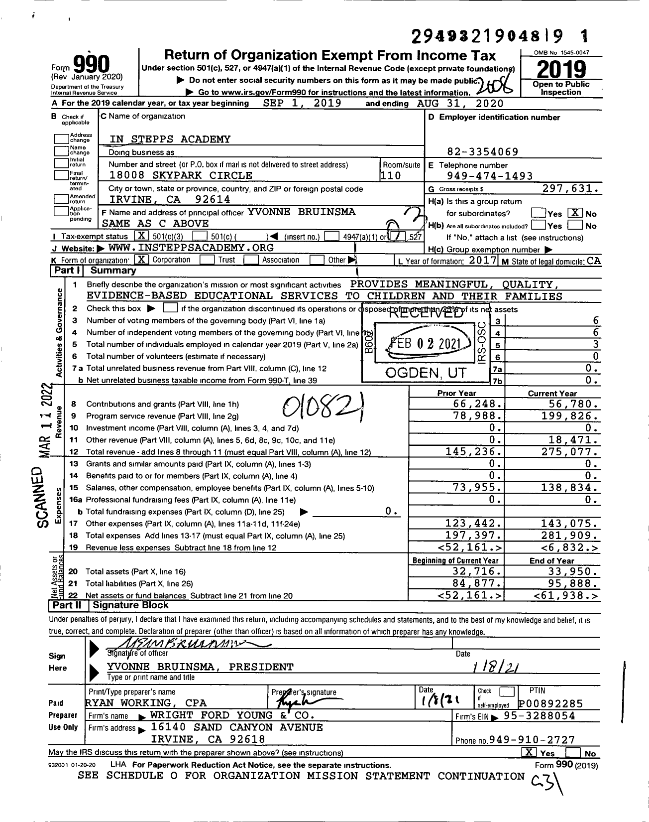 Image of first page of 2019 Form 990 for In Stepps Academy