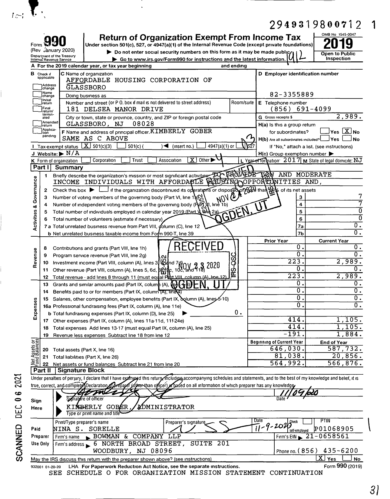 Image of first page of 2019 Form 990 for Affordable Housing Corporation of Glassboro