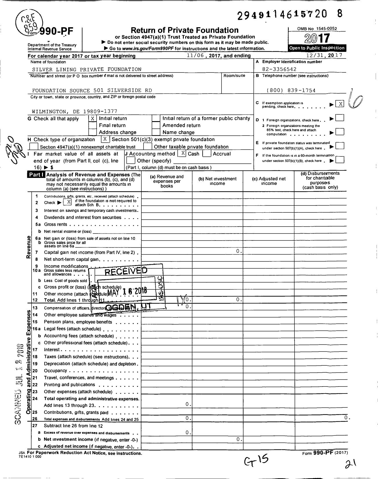 Image of first page of 2017 Form 990PF for Silver Lining Private Foundation