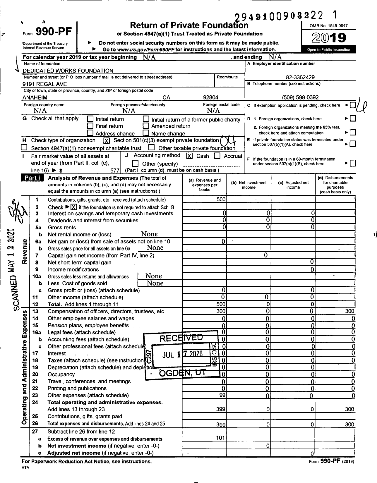 Image of first page of 2019 Form 990PF for Dedicated Works Foundation