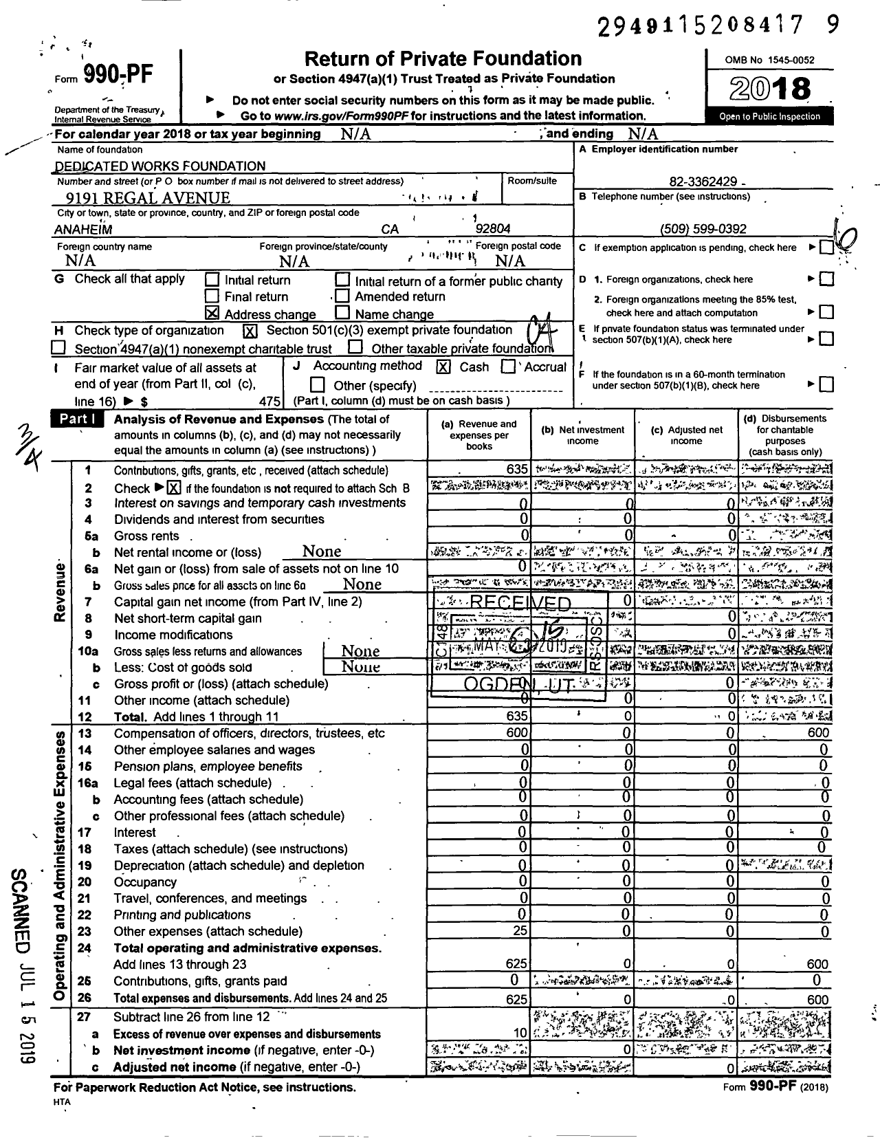 Image of first page of 2018 Form 990PF for Dedicated Works Foundation