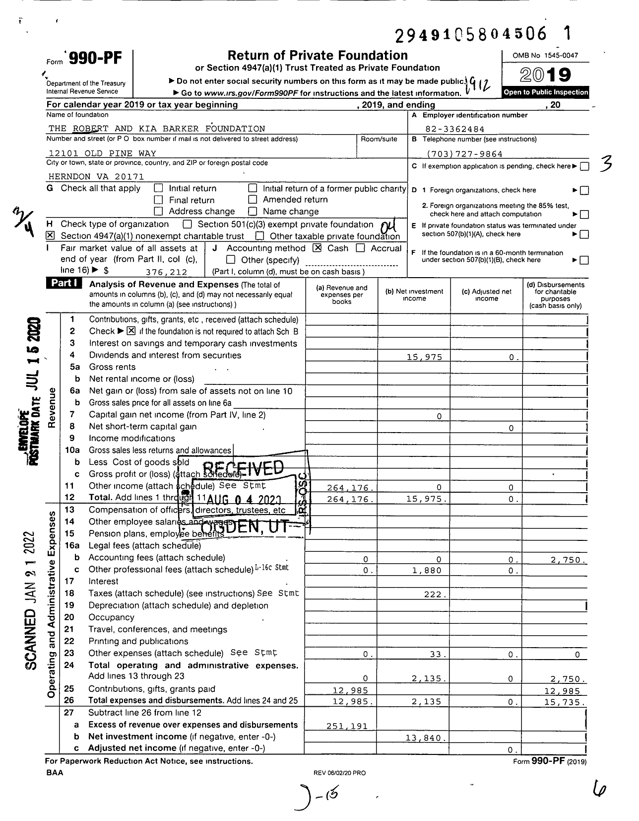 Image of first page of 2019 Form 990PF for The Robert and Kia Barker Foundation