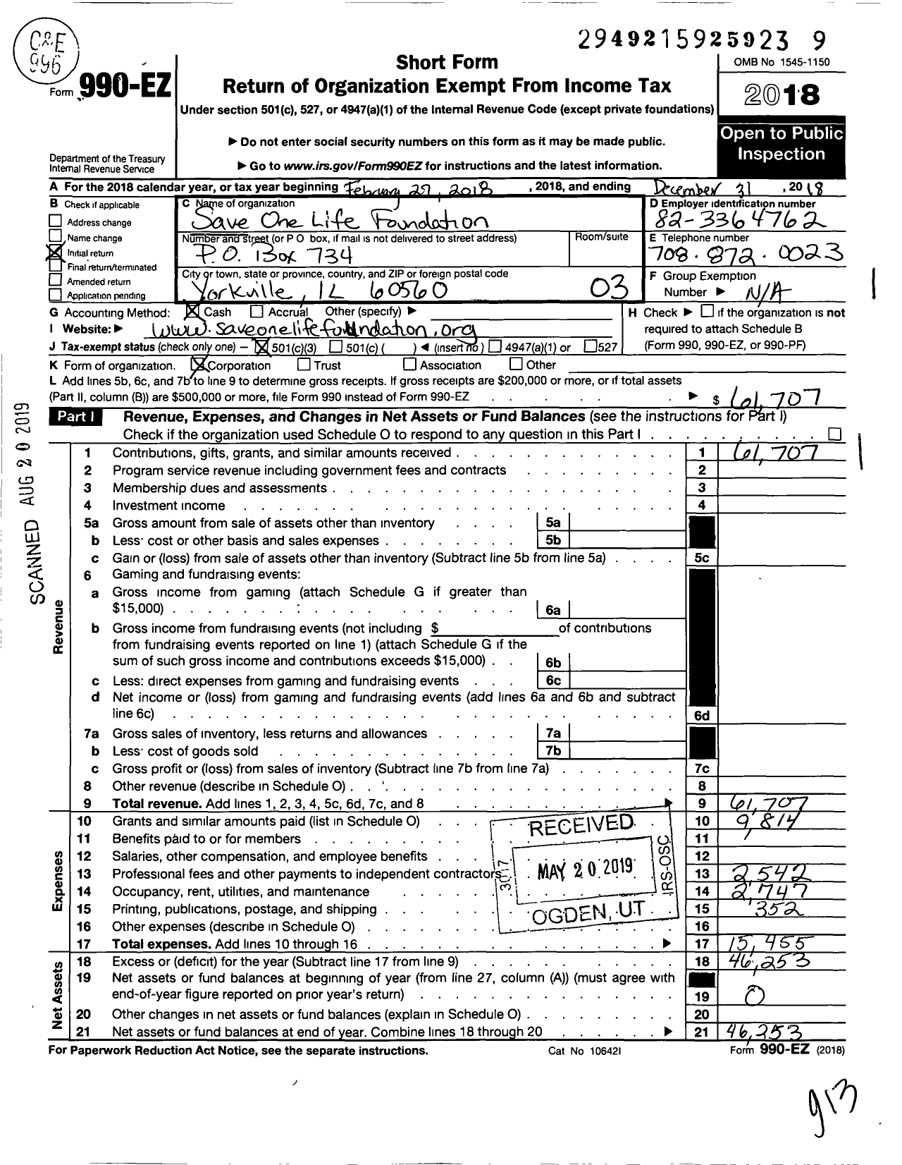 Image of first page of 2018 Form 990EZ for Save One Life Foundation