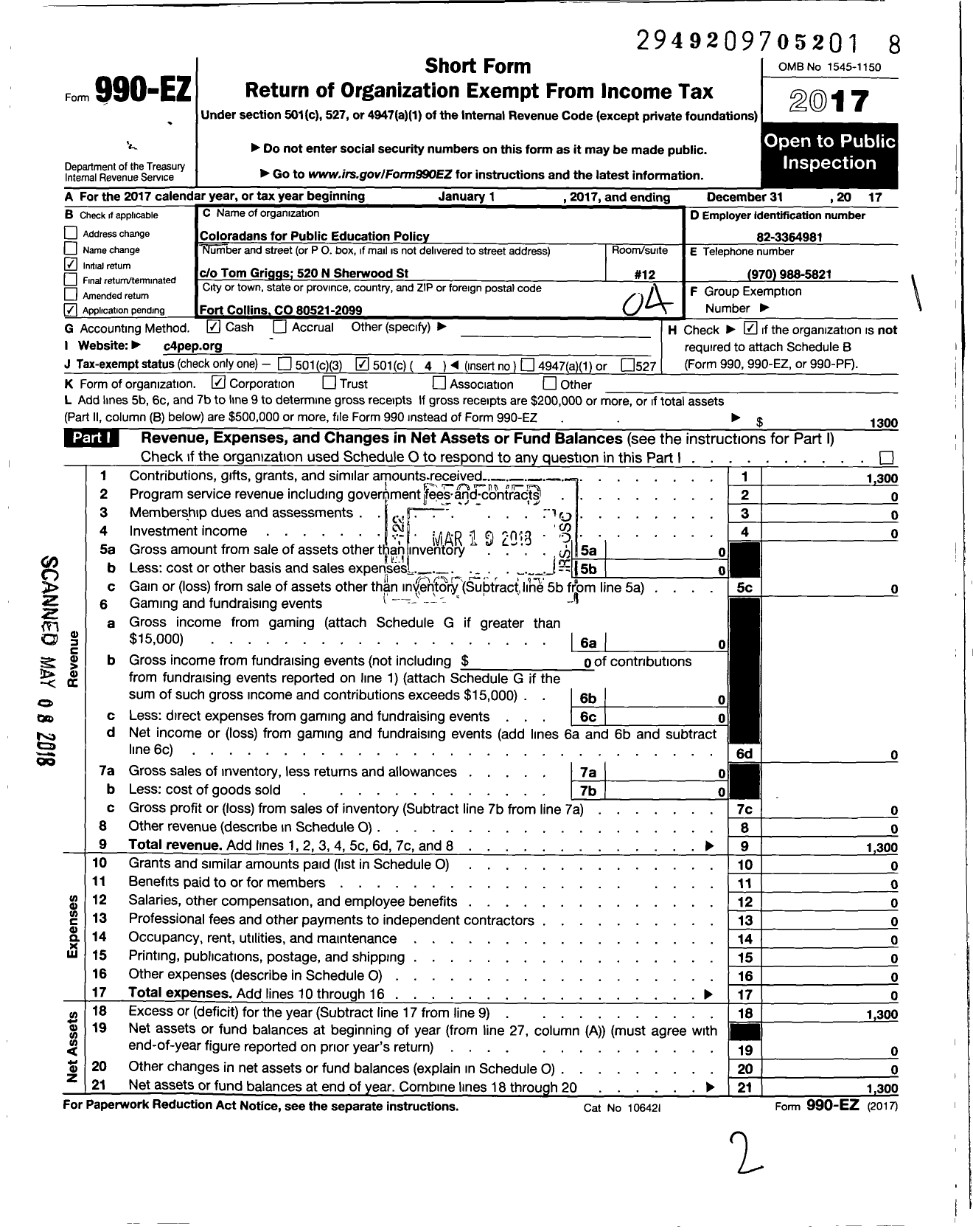 Image of first page of 2017 Form 990EO for Parents and Teachers United Colorado