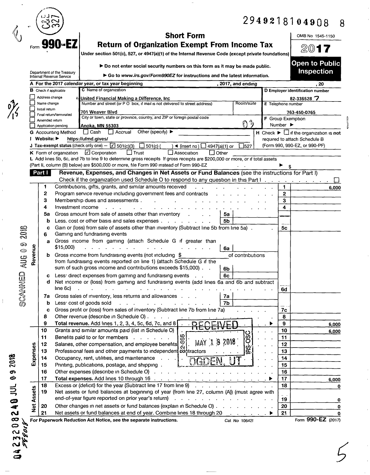 Image of first page of 2017 Form 990EZ for United Financial Making a Difference