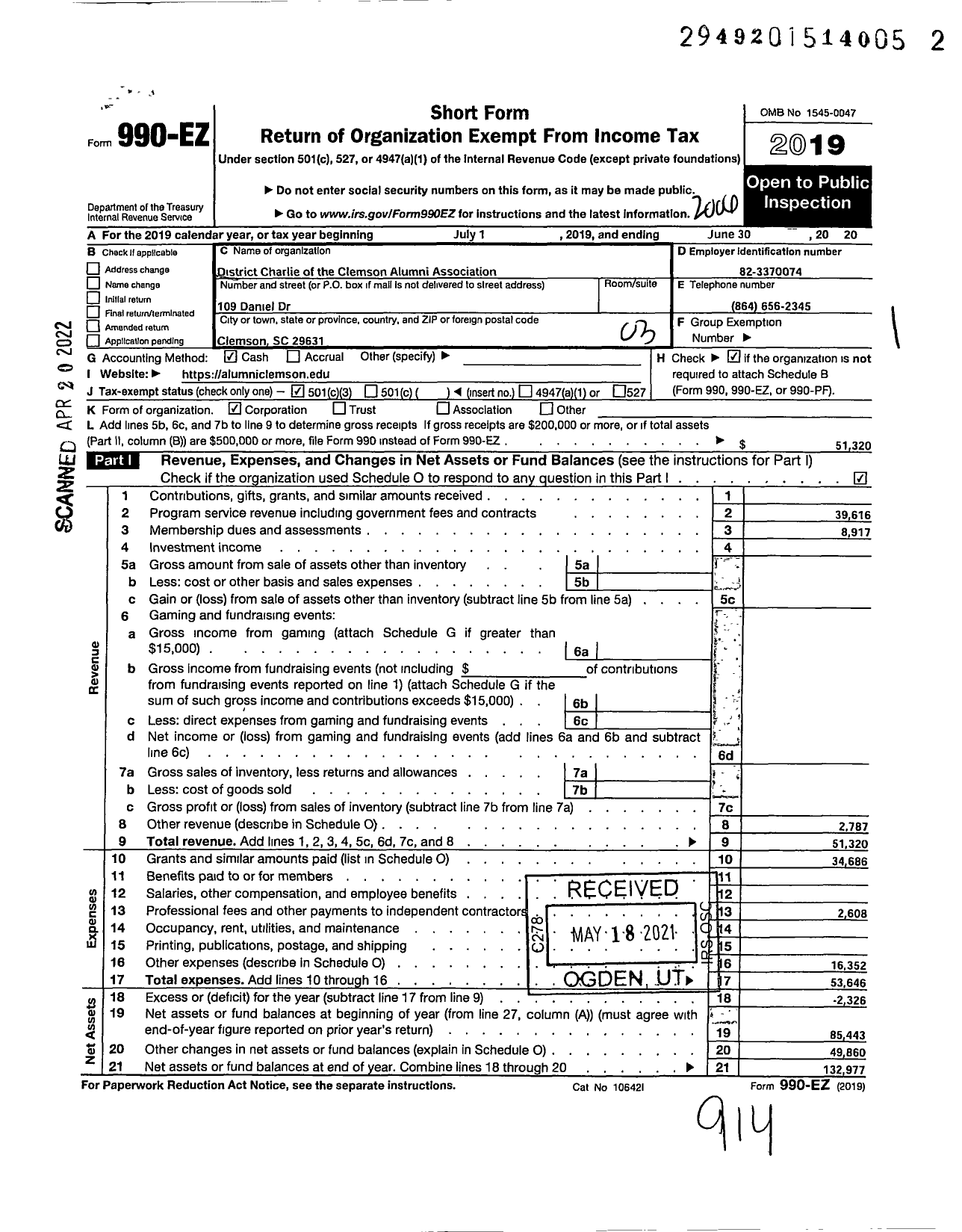 Image of first page of 2019 Form 990EZ for District Charlie of the Clemson Alumni Association