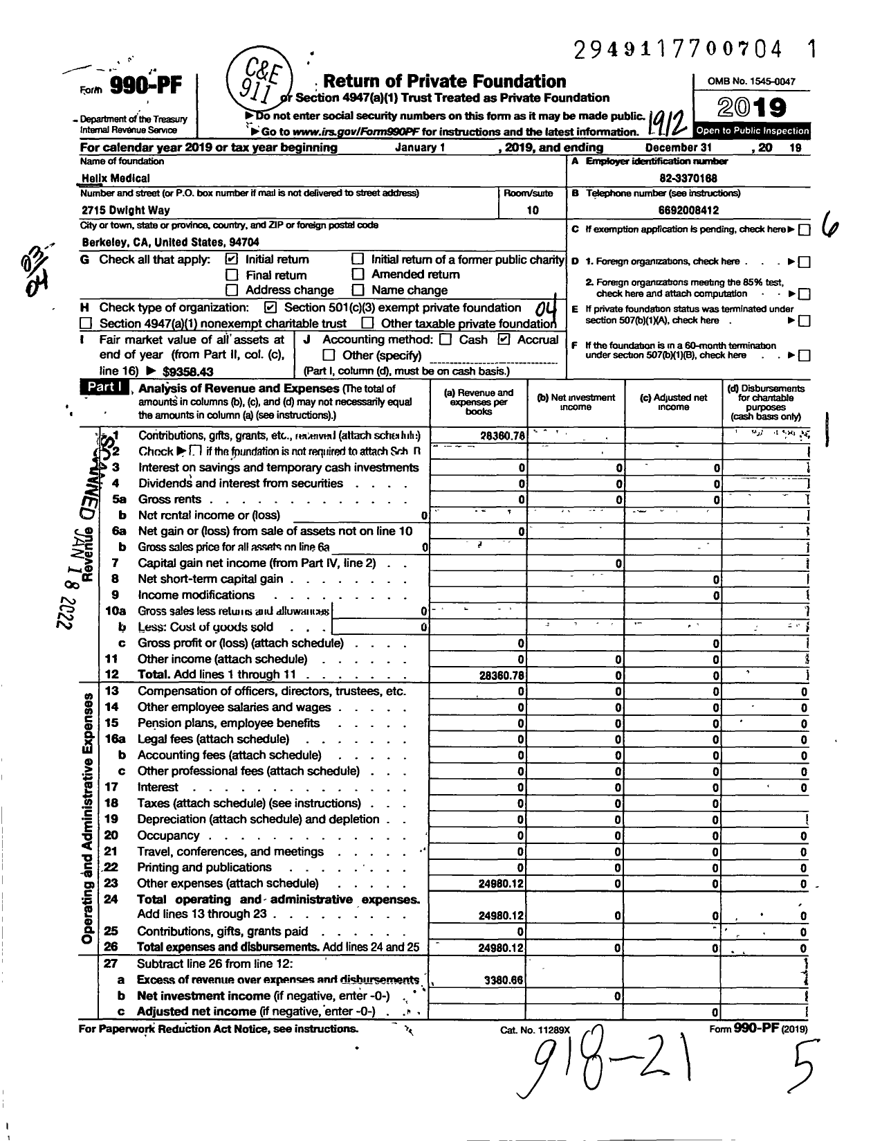 Image of first page of 2019 Form 990PF for Helix Medical