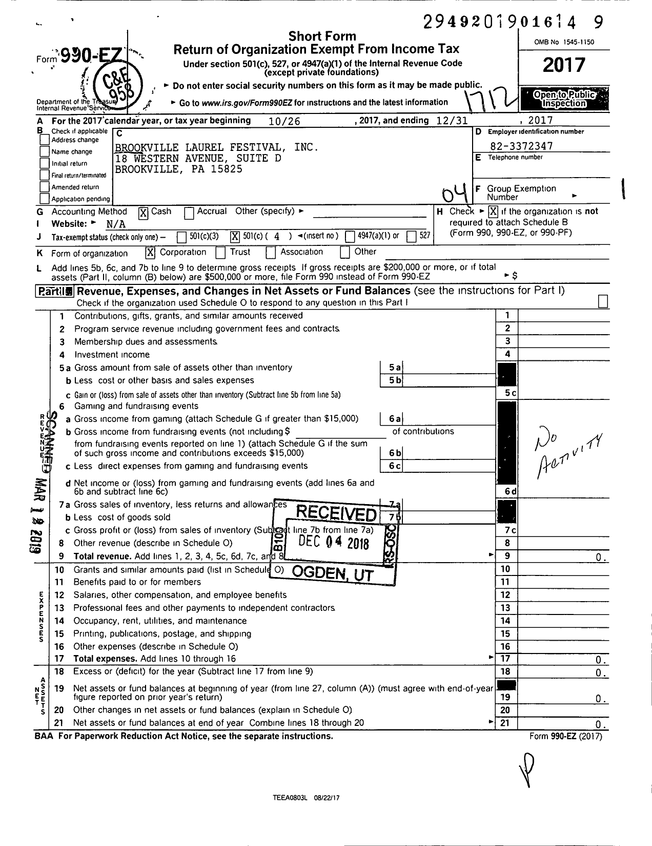 Image of first page of 2017 Form 990EO for Brookville Laurel Festival