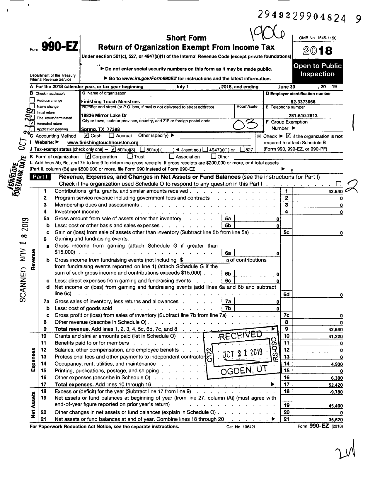 Image of first page of 2018 Form 990EZ for Finishing Touch Ministries