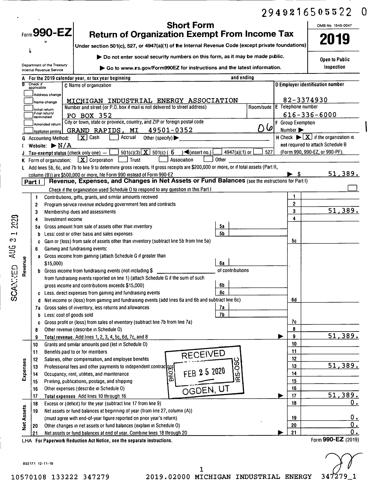 Image of first page of 2019 Form 990EO for Michigan Industrial Energy Association